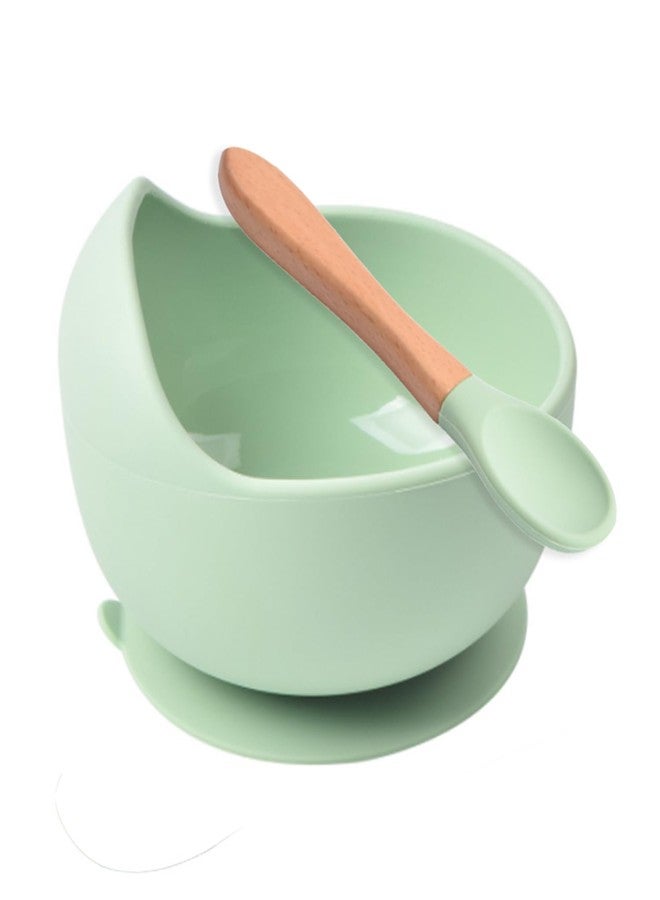 HEXONIQ Baby Feeding Bowl & Spoon Weaning Set Food Grade Silicone Suction Cup Bowl & Wooden Spoon with Stay Put Silicone Suction Bowl, Gift for Toddler Children Girls Boys (Green), 350 ML - Image 1
