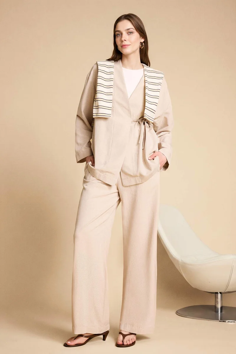 ديفاكتو Regular Fit Linen Blended Long Sleeve Tunic