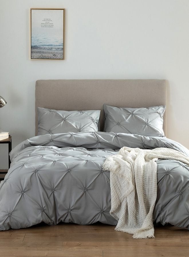 LUNA Home Premium 6 Piece King Size Duvet Cover Pinch Rose Design Solid Light Gray - Image 1