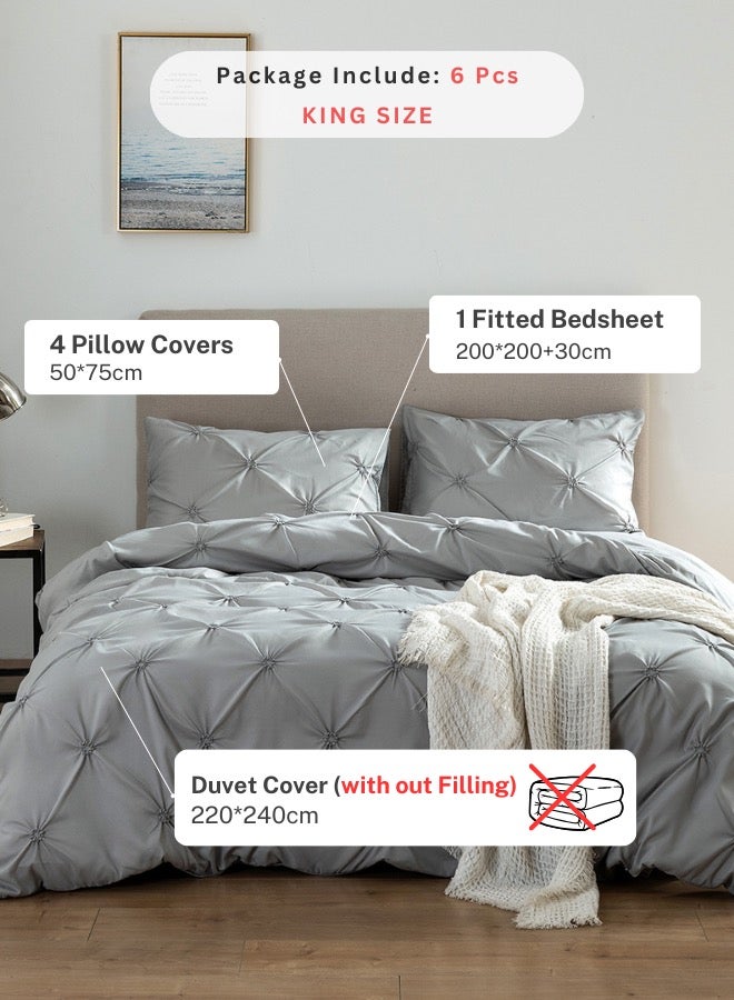 LUNA Home Premium 6 Piece King Size Duvet Cover Pinch Rose Design Solid Light Gray - Image 2
