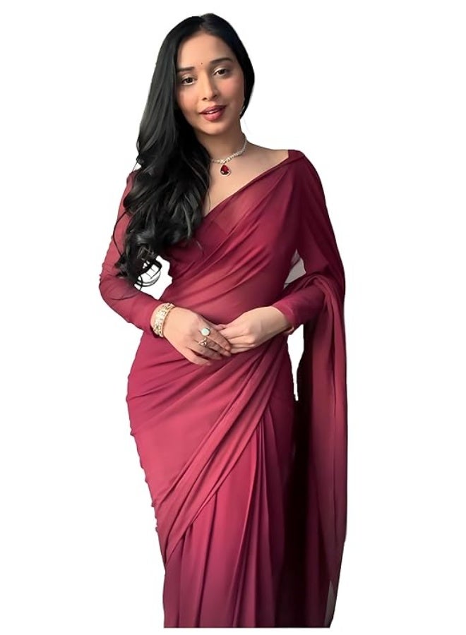 Sidhidata ساري نسائي سادة من قماش الجورجيت من سيديداتا، جاهز للارتداء في دقيقة واحدة، مع قطعة بلوزة غير مخيطة. - Image 1