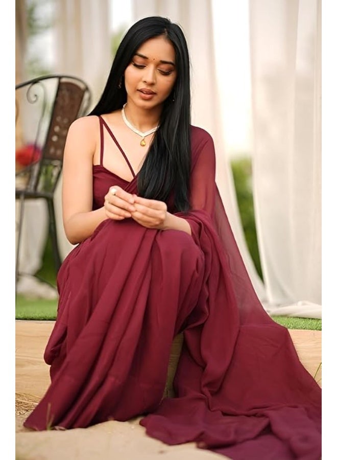 Sidhidata ساري نسائي سادة من قماش الجورجيت من سيديداتا، جاهز للارتداء في دقيقة واحدة، مع قطعة بلوزة غير مخيطة. - Image 3