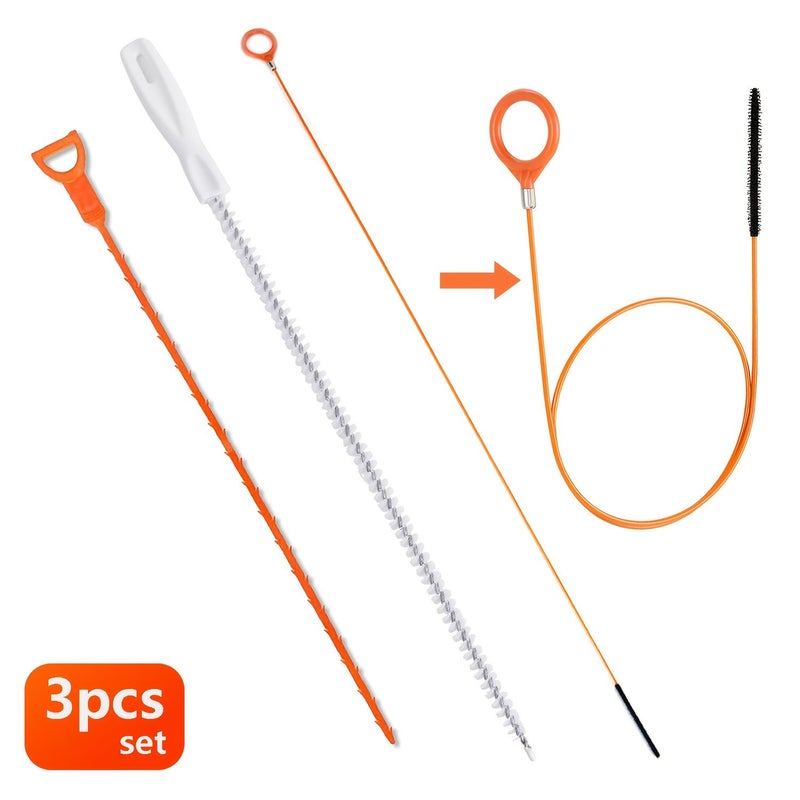 3pc Flexible Drain Cleaning Set Sink Snake Brush Hair Removal Tool Manual Clog Remover - Image 1
