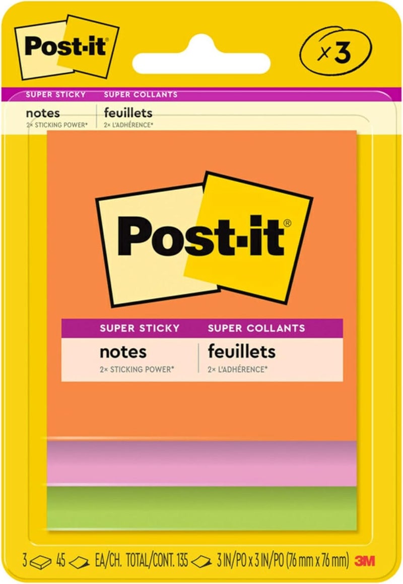 Post It ملاحظات لاصقة فائقة، 3 دفاتر ملاحظات لاصقة، 3 × 3 بوصة، لوازم مدرسية للطلاب، مثالية للكتب المدرسية، دفاتر الملاحظات، الجدران والأسطح الرأسية، مجموعة تعزيز الطاقة - Image 1
