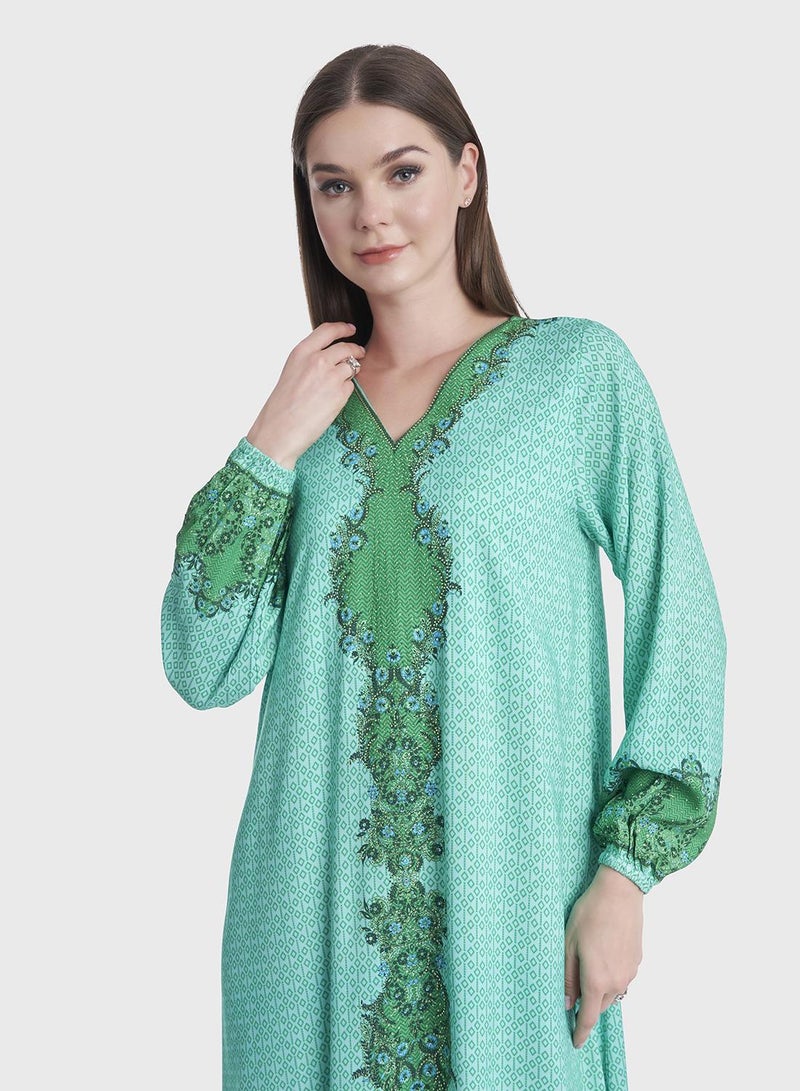 كشخة جلابية بطبعة رقمية مجردة مع أحجار لامعة - Image 1