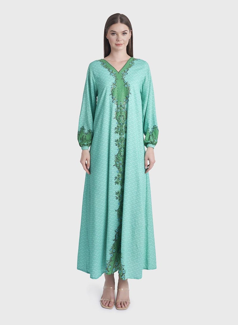 كشخة جلابية بطبعة رقمية مجردة مع أحجار لامعة - Image 2