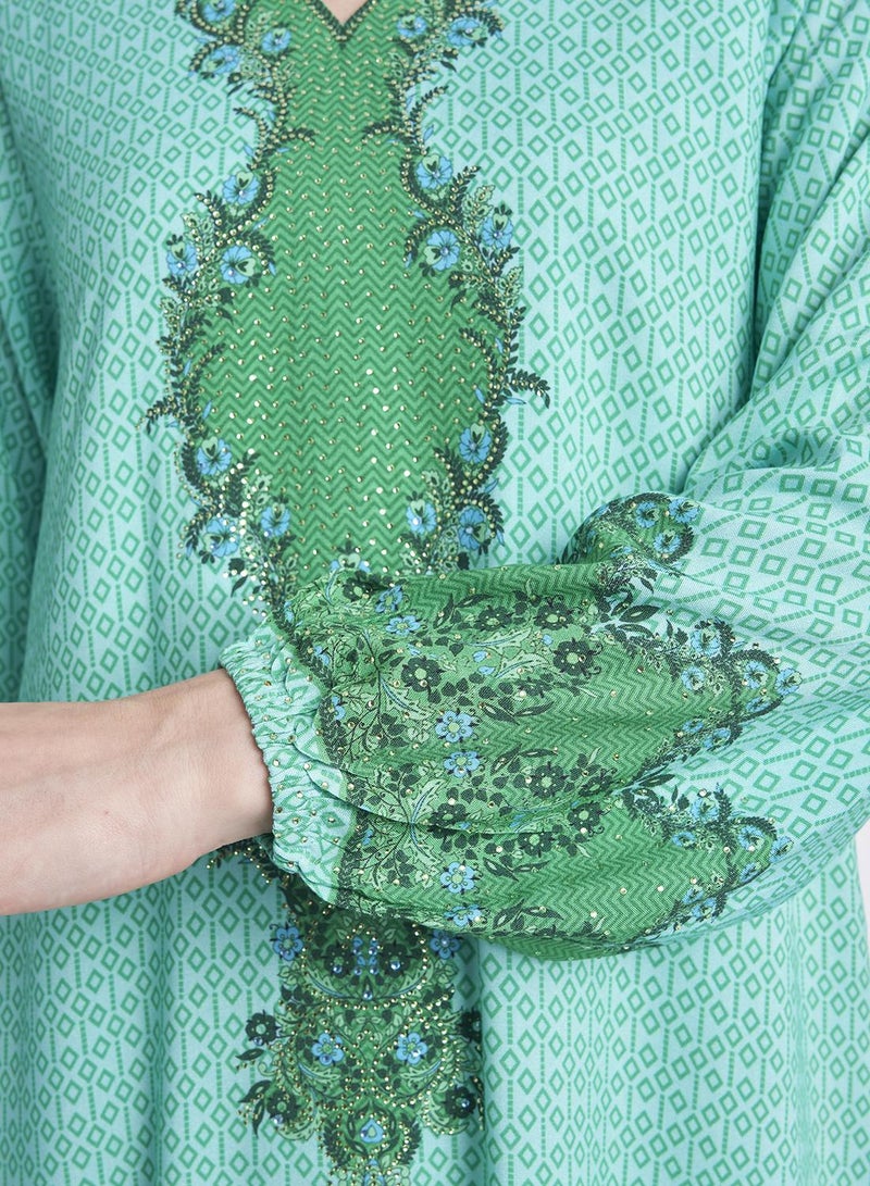 كشخة جلابية بطبعة رقمية مجردة مع أحجار لامعة - Image 5