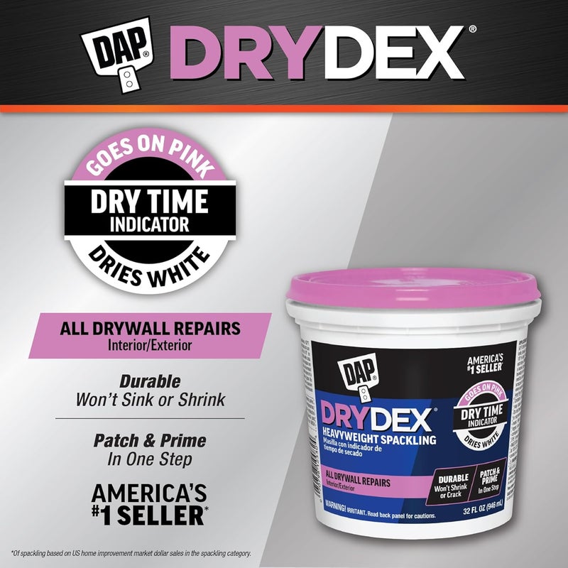 DAP DryDex Heavyweight Spackling with Dry Time Indicator - 1 Quart Tub (White) - Image 2