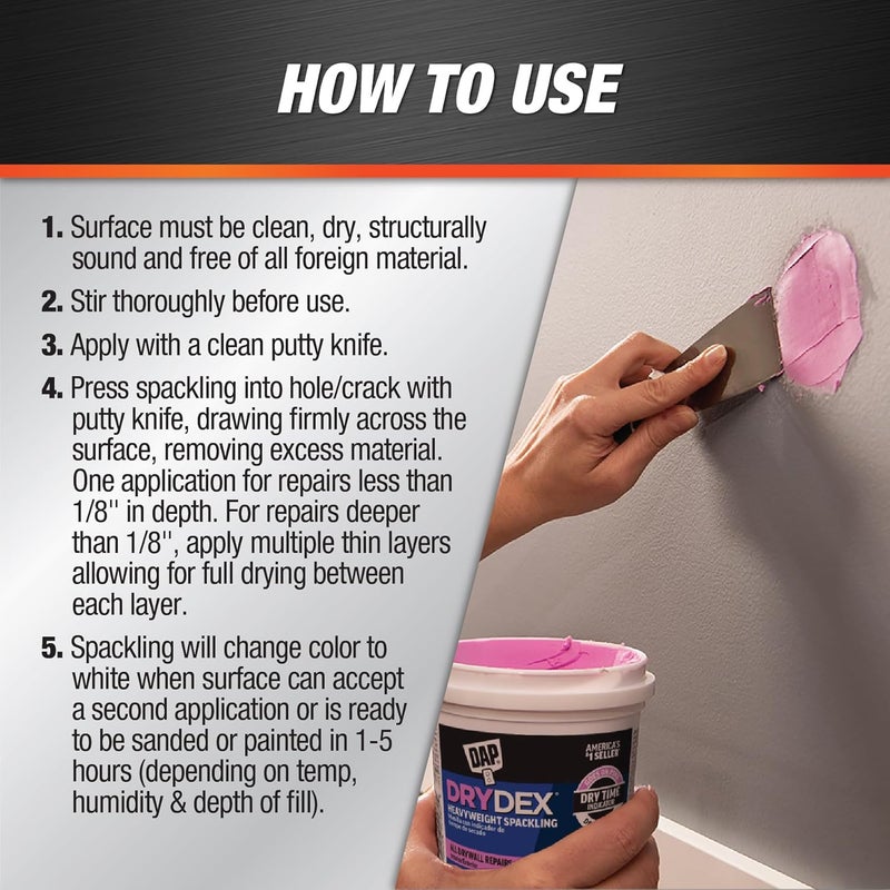 DAP DryDex Heavyweight Spackling with Dry Time Indicator - 1 Quart Tub (White) - Image 3