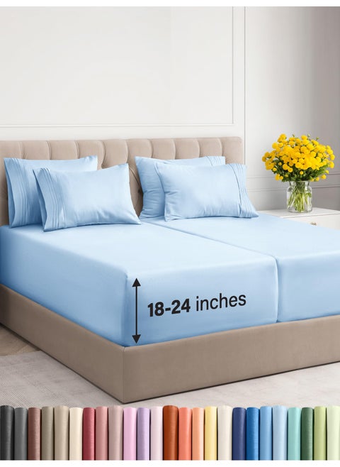 Extra Deep Split King Sheet Set - 7 Piece Breathable & Cooling Sheets - Hotel Luxury Bed Sheets Set - Easy Fit - Soft  Wrinkle Free & Comfy Sheets Set - Light Blue Sheet Set with Extra Deep Pockets
