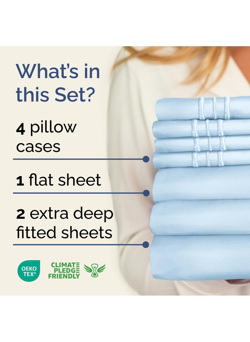 Extra Deep Split King Sheet Set - 7 Piece Breathable & Cooling Sheets - Hotel Luxury Bed Sheets Set - Easy Fit - Soft  Wrinkle Free & Comfy Sheets Set - Light Blue Sheet Set with Extra Deep Pockets