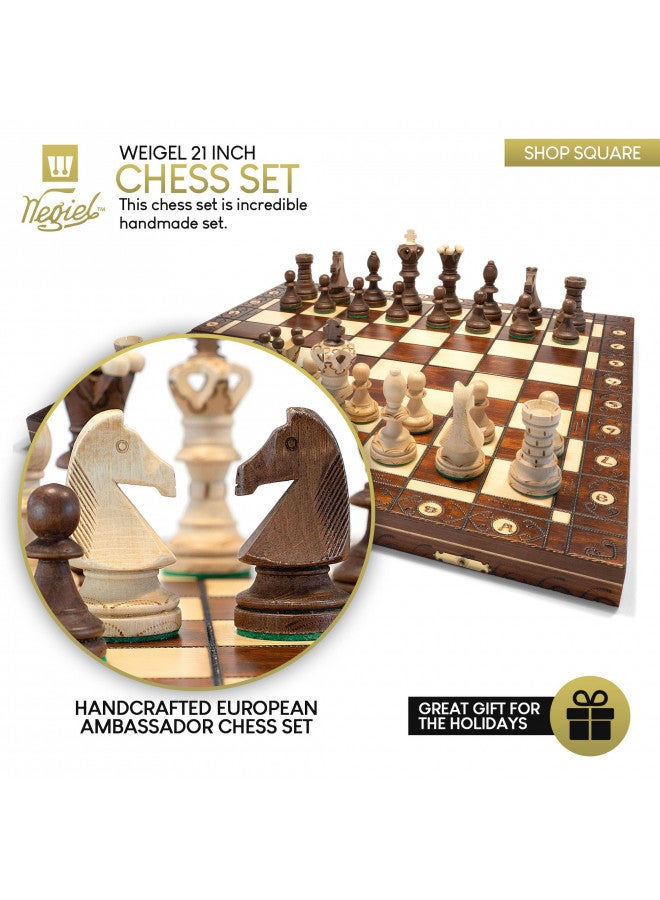 Wegiel Handmade European Ambassador Chess Set - Wooden 21 Inch Beech & Birch Board With Felt Base - Carved Hornbeam & Sycamore Wood Chess Pieces - Compartment Inside The Board To Store Each Piece - Image 2