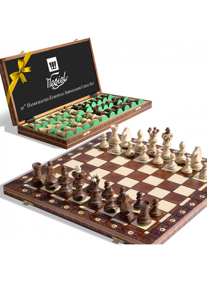 Wegiel Handmade European Ambassador Chess Set - Wooden 21 Inch Beech & Birch Board With Felt Base - Carved Hornbeam & Sycamore Wood Chess Pieces - Compartment Inside The Board To Store Each Piece - Image 1