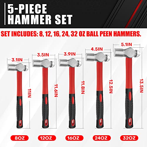 ct C&T 5-Piece Ball Peen Hammer Set, 8, 12, 16, 24, 32oz - Image 3