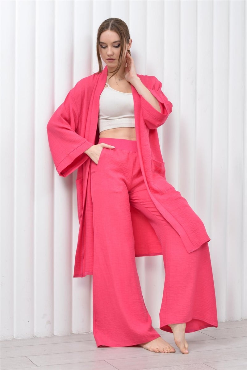 Nuseel Women's Linen Pocket Belted Long Kimono-Pants Two Piece Set Pink  - Image 1