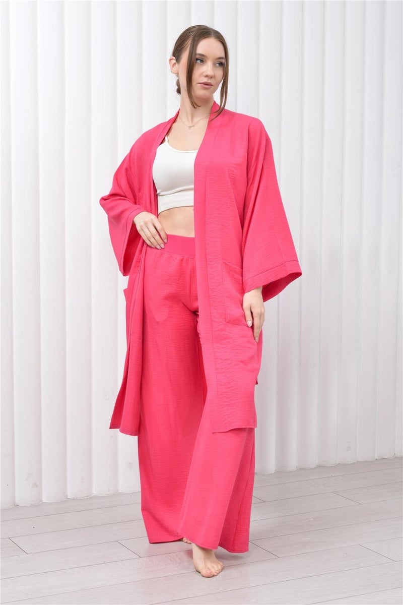 Nuseel Women's Linen Pocket Belted Long Kimono-Pants Two Piece Set Pink  - Image 3