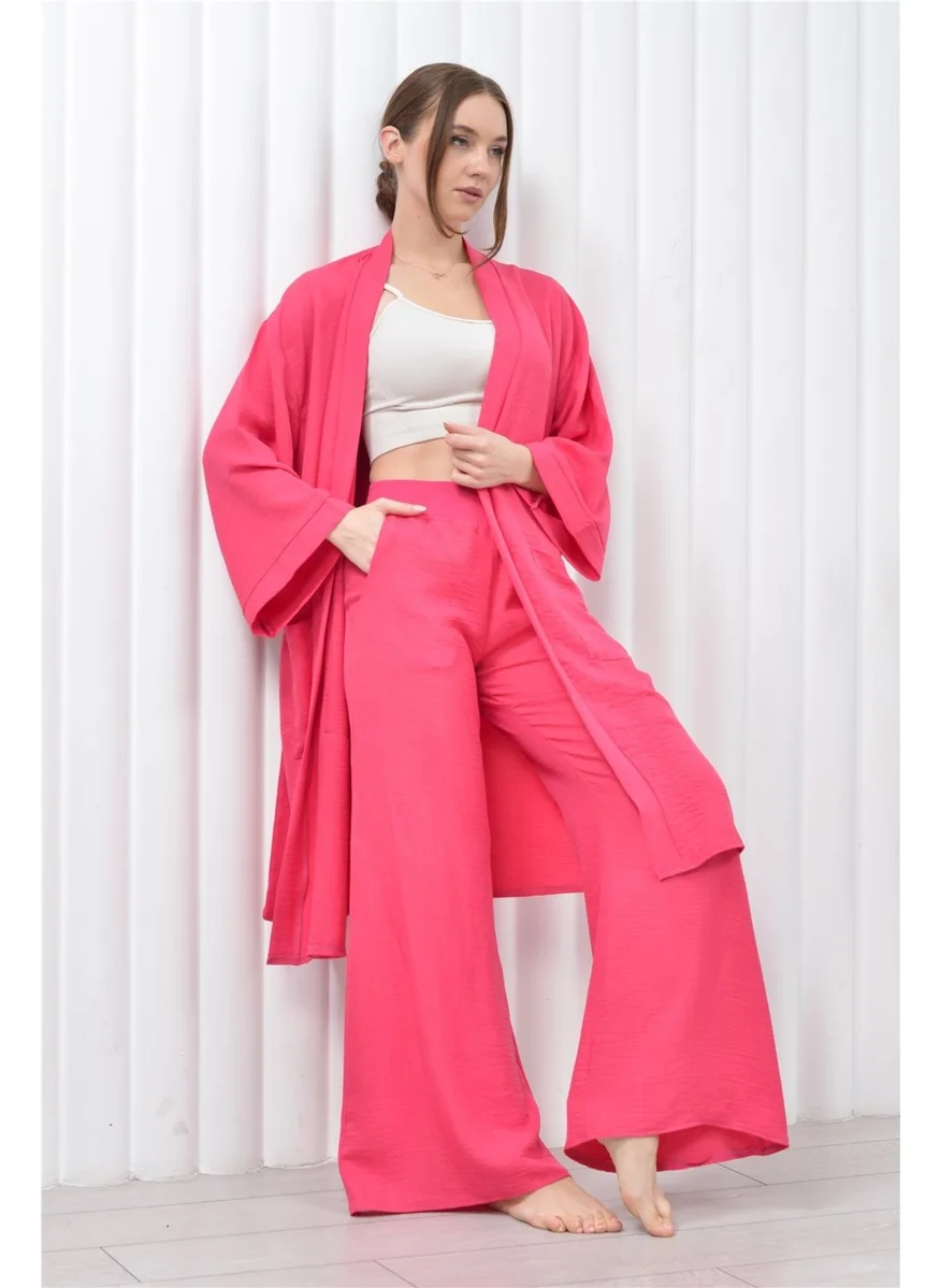 نوسيل Women's Linen Pocket Belted Long Kimono-Pants Two Piece Set Pink