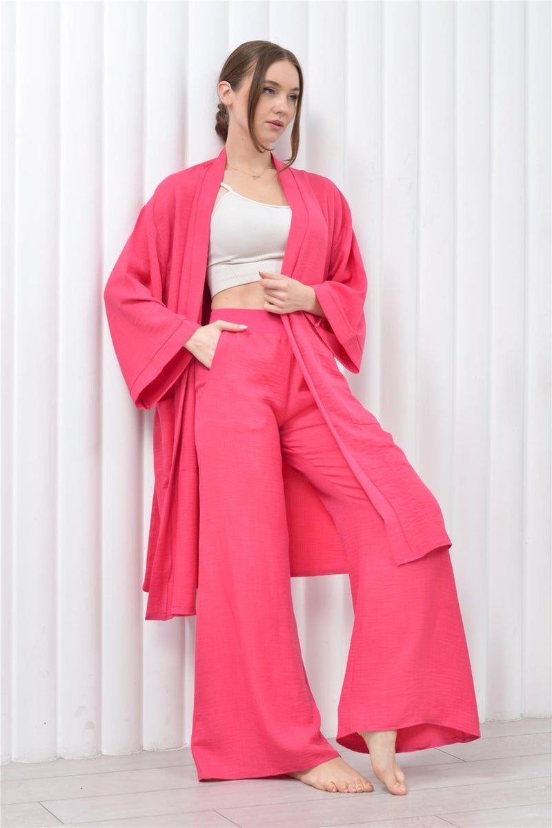 Nuseel Women's Linen Pocket Belted Long Kimono-Pants Two Piece Set Pink  - Image 2