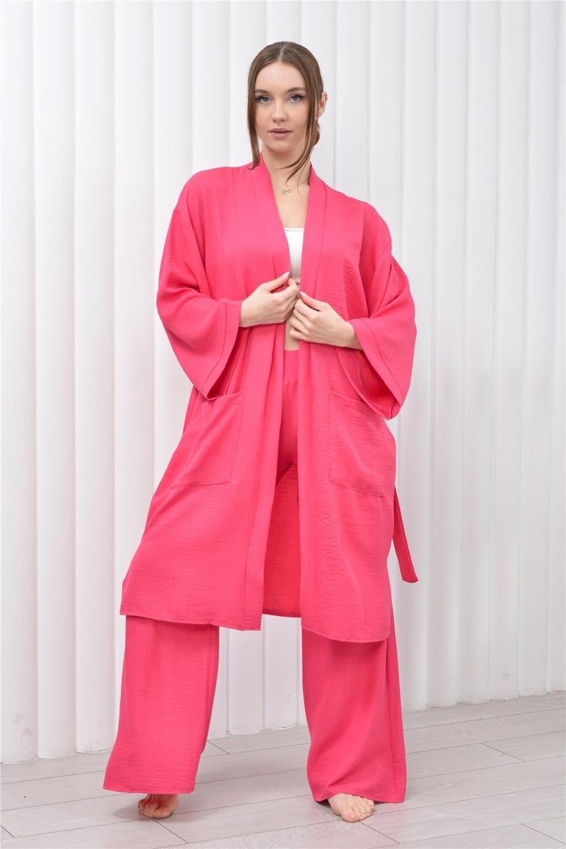Nuseel Women's Linen Pocket Belted Long Kimono-Pants Two Piece Set Pink  - Image 4