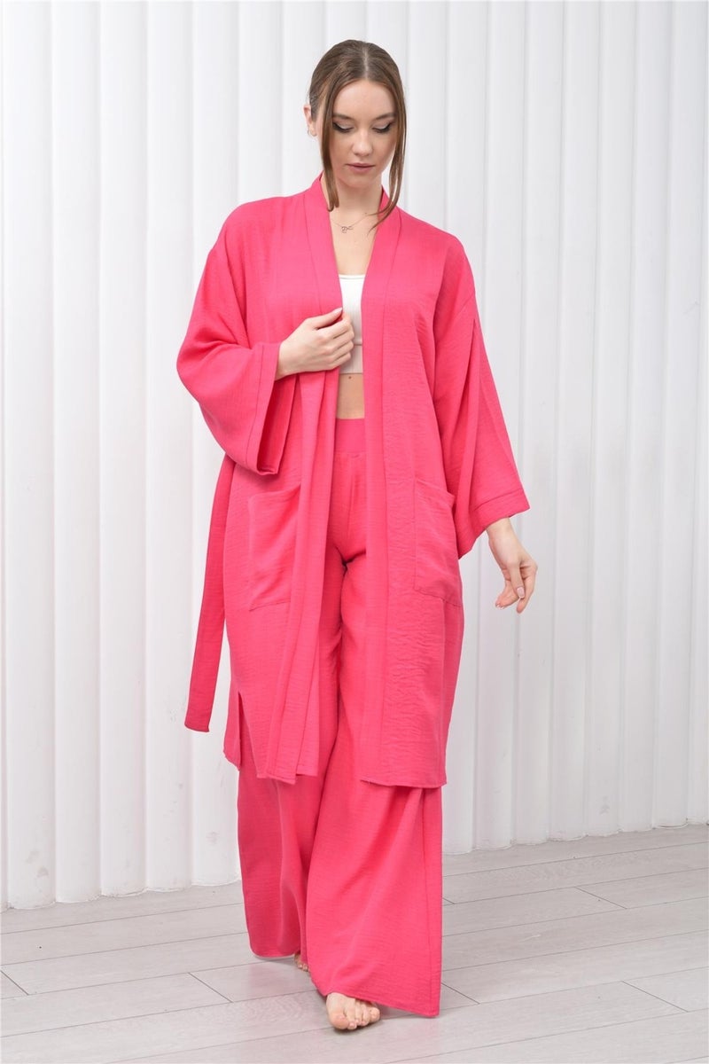 Nuseel Women's Linen Pocket Belted Long Kimono-Pants Two Piece Set Pink  - Image 5