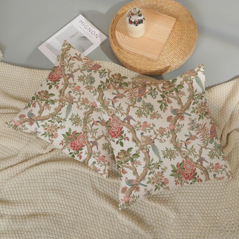 GOLIANDA Chinoiserie Pillow Covers 18x18 Set of 2 Pink Green Bird Floral Throw Pillows Vintage Pink Flower Bird Decorative Pillow Cases Outdoor Chinoiserie Decor Farmhouse Cushion Case for Couch Sofa - Image 5