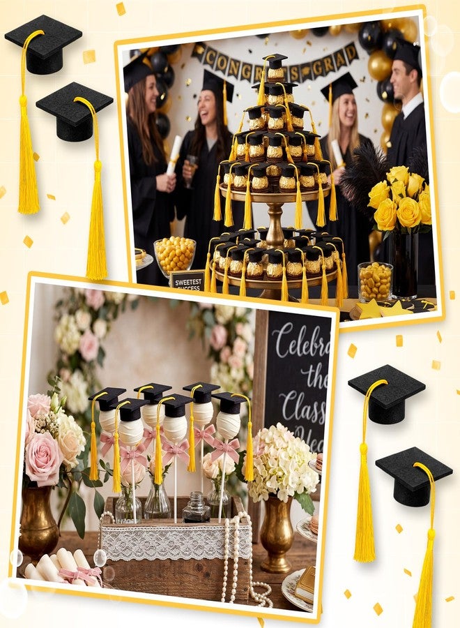 Flutesan 100 Pcs Mini Graduation Caps Lollipop Topper with Tassel Felt Grad Black Hat Chocolates Decoration 2026 Grad Party Supplies (Gold) - Image 5