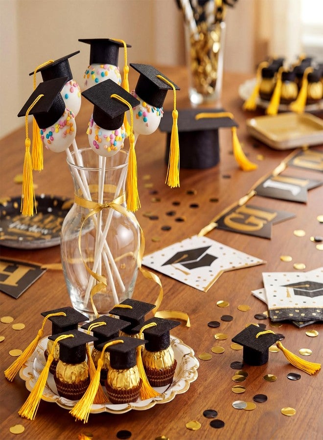 Flutesan 100 Pcs Mini Graduation Caps Lollipop Topper with Tassel Felt Grad Black Hat Chocolates Decoration 2026 Grad Party Supplies (Gold) - Image 2