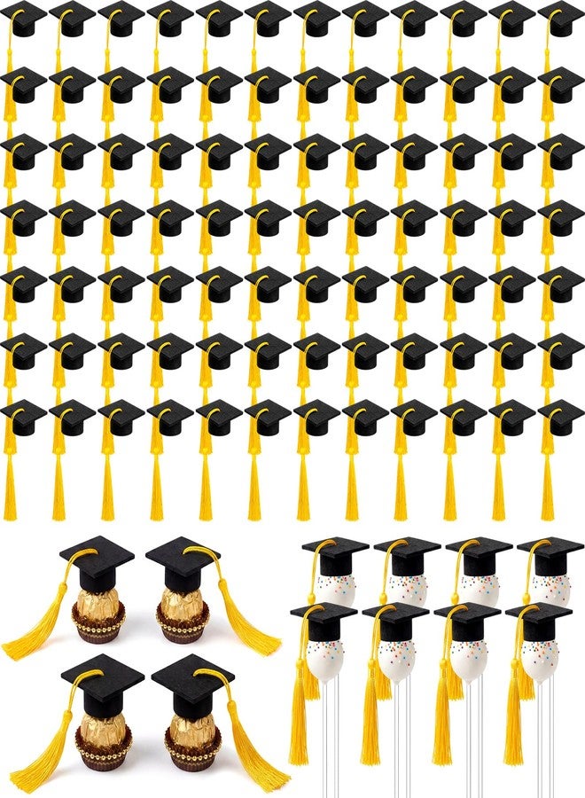 Flutesan 100 Pcs Mini Graduation Caps Lollipop Topper with Tassel Felt Grad Black Hat Chocolates Decoration 2026 Grad Party Supplies (Gold) - Image 1