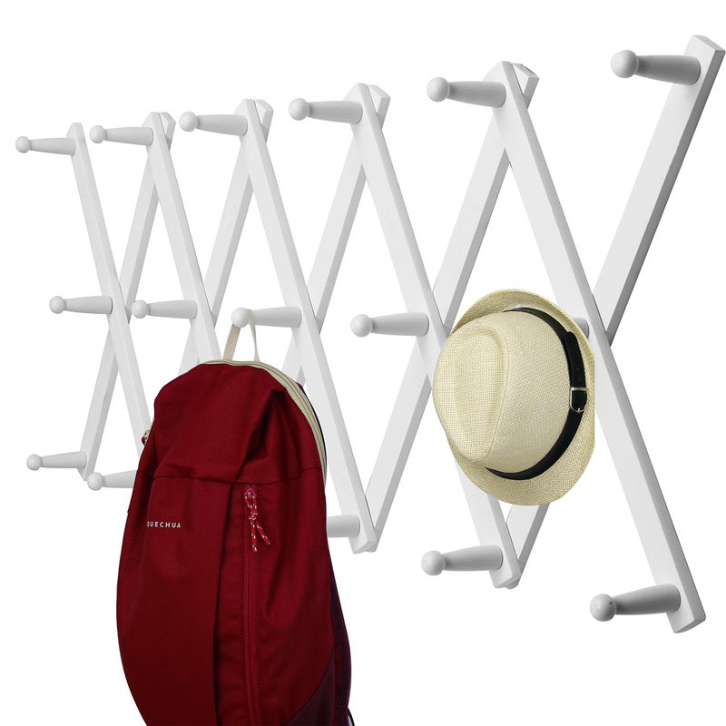 WEBI Accordion Wall HangerExpandable Wooden Hat Rack for Wall Mounted Coat RackAccordion Hat Hooks Holder for Baseball Cowboy CapsCoffee Mug17 Peg HooksWhite