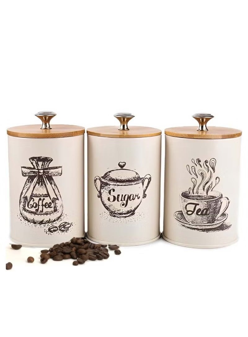 XiuWoo 3 Pieces Canister Sets for Kitchen Counter, Metal Vintage Kitchen Canisters with Bamboo Lid, Coffee Sugar Tea Metal Canister Jars, Food Storage Canister, Kitchen Decor, Beige  - Image 1