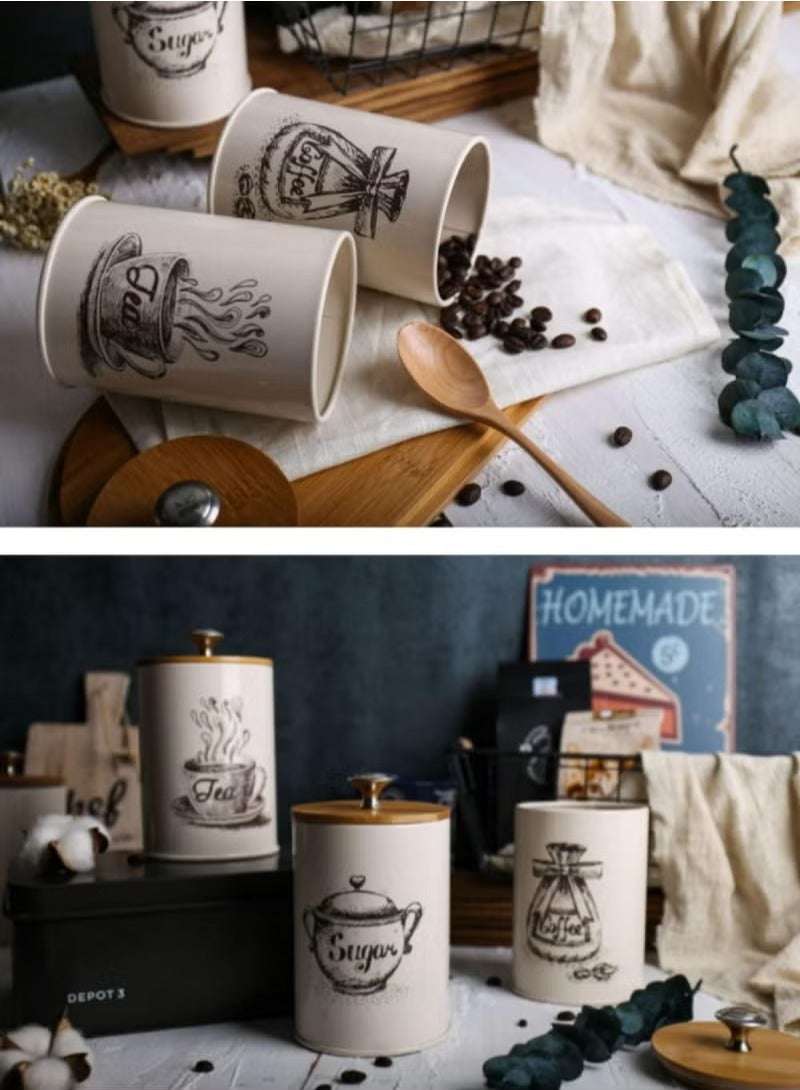 XiuWoo 3 Pieces Canister Sets for Kitchen Counter, Metal Vintage Kitchen Canisters with Bamboo Lid, Coffee Sugar Tea Metal Canister Jars, Food Storage Canister, Kitchen Decor, Beige  - Image 5