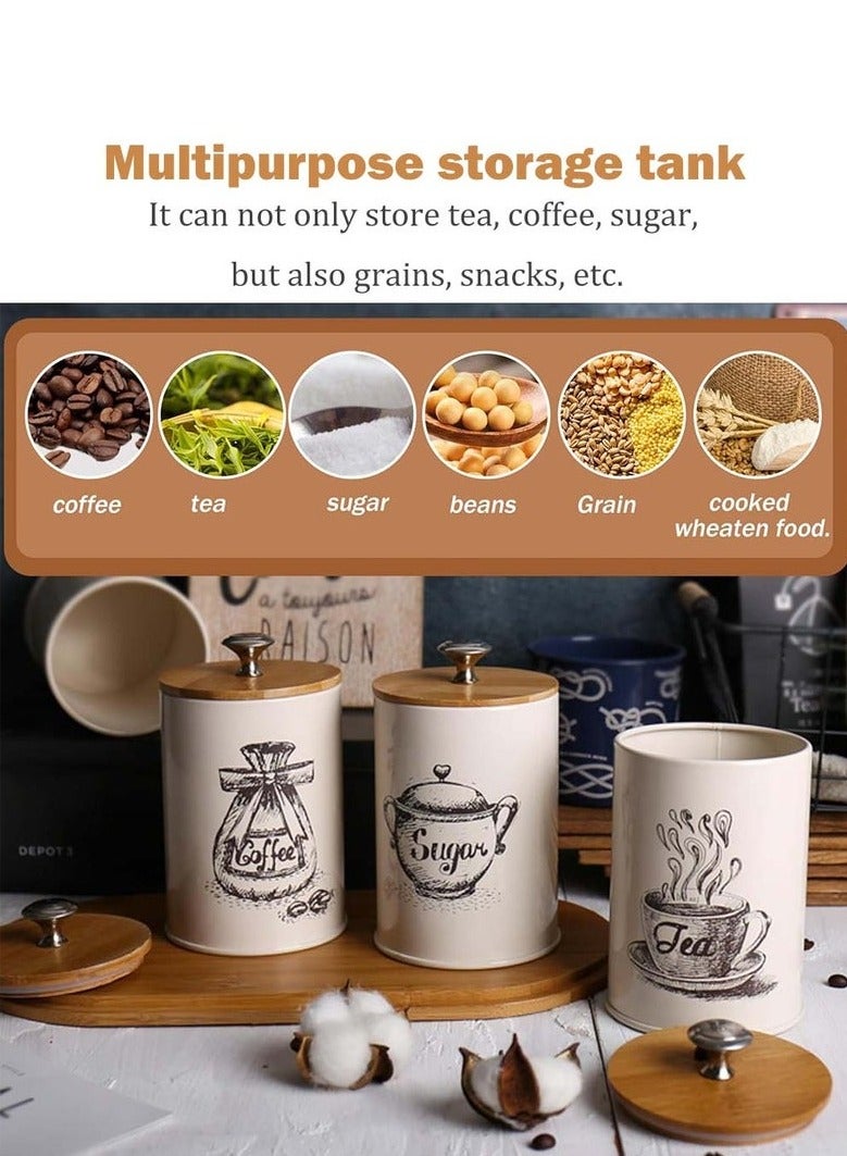 XiuWoo 3 Pieces Canister Sets for Kitchen Counter, Metal Vintage Kitchen Canisters with Bamboo Lid, Coffee Sugar Tea Metal Canister Jars, Food Storage Canister, Kitchen Decor, Beige  - Image 2