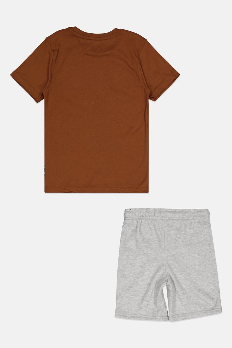 brooklyn Toddlers Boy 2 Piece Graphic Print T-Shirt And Shorts Set, Brown/Grey - Image 2
