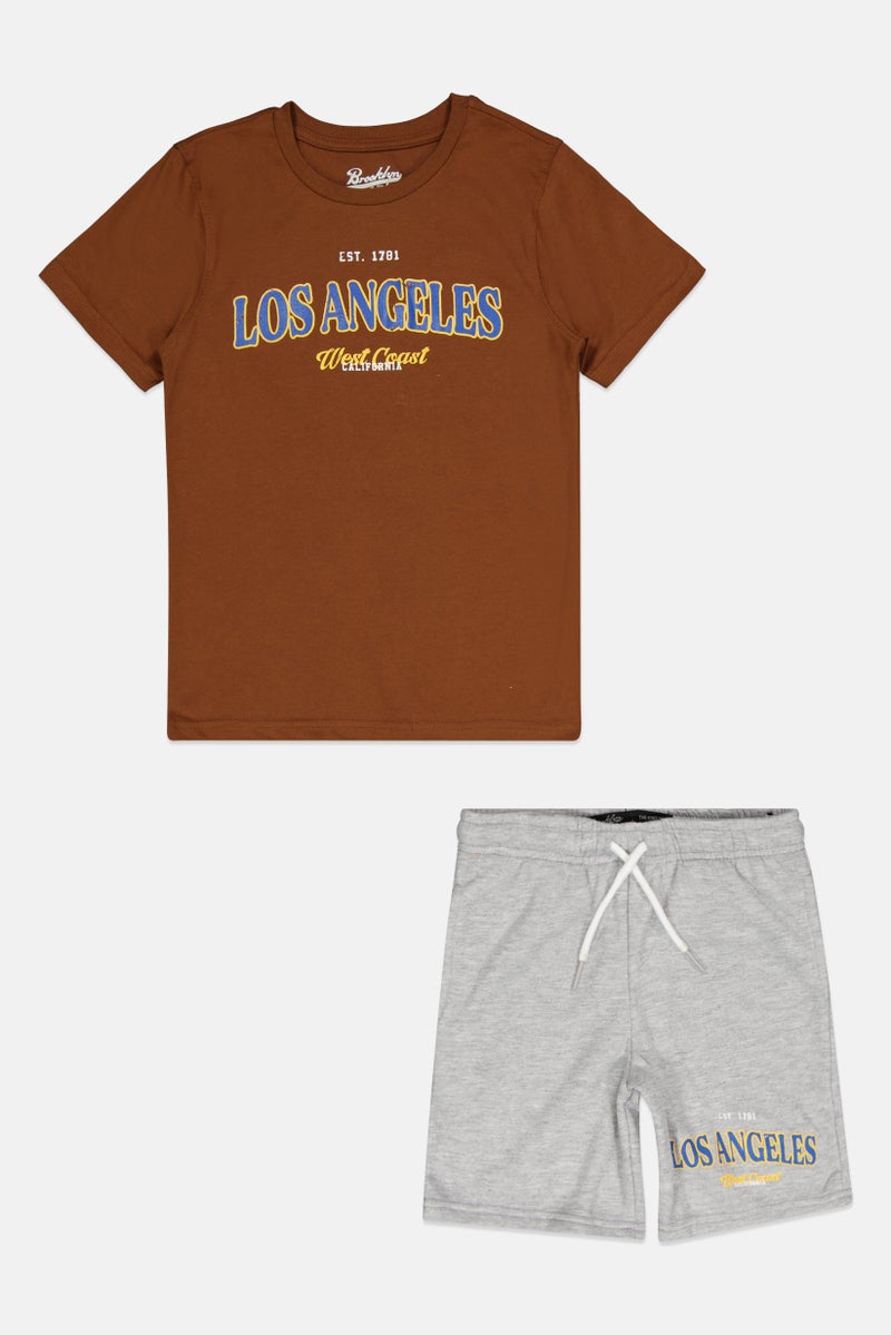 brooklyn Toddlers Boy 2 Piece Graphic Print T-Shirt And Shorts Set, Brown/Grey - Image 1