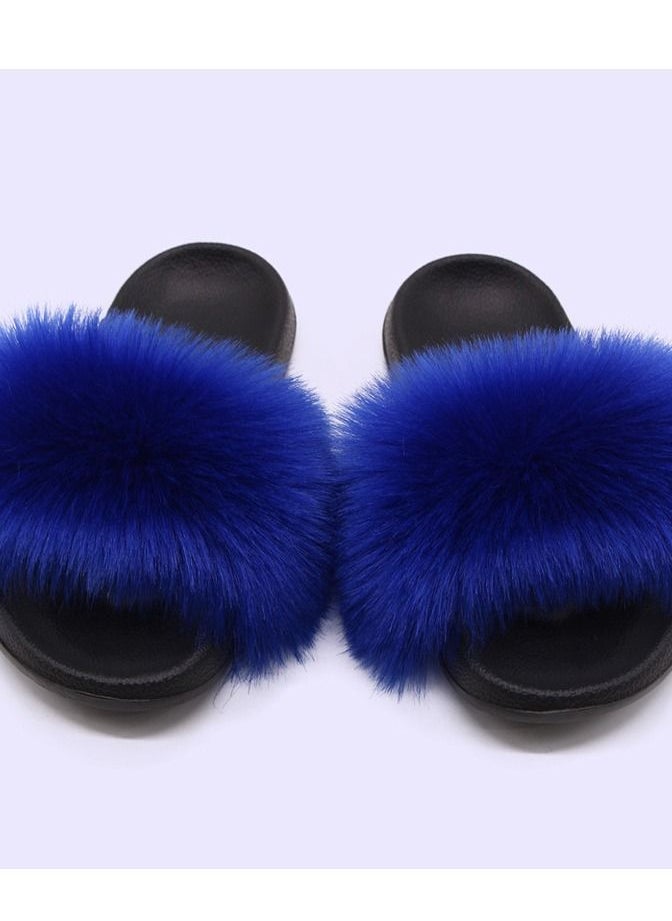 Loquat Stylish Women Faux Fur Open Toe Flat Slippers Sandals Non Slip Homewear Shoes 