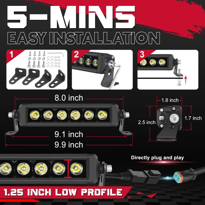OFFROADTOWN 8 inch 120W LED Light Bar Single Row LED Pods Slim Offroad Driving Fog Work Lights Spot Bumper Light with Wiring Harness for Truck ATV UTV Jeep Motorcycle - Image 2