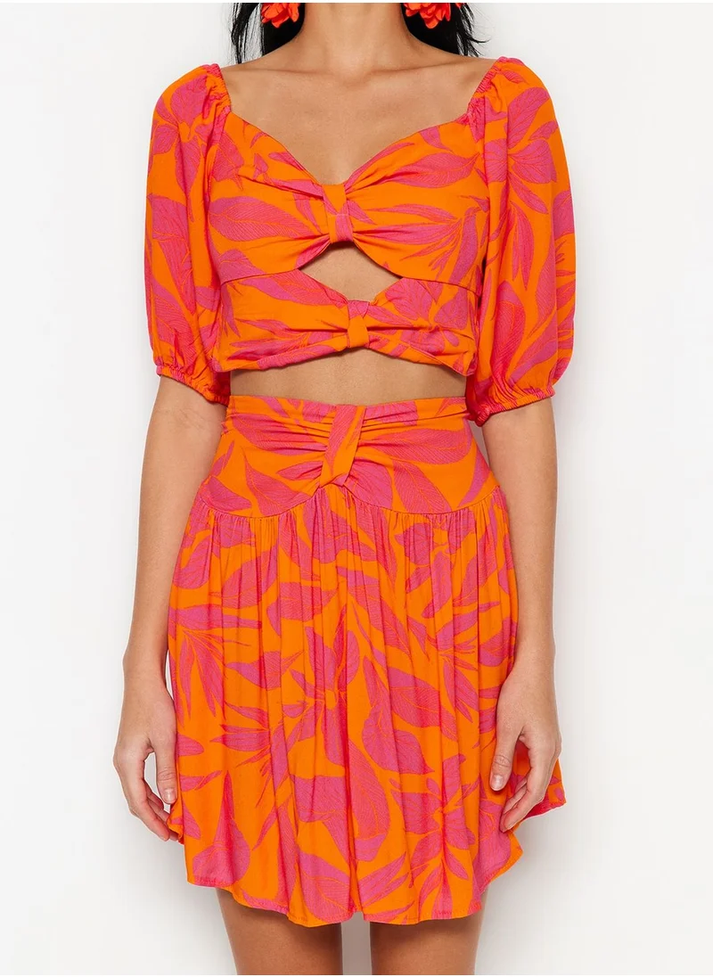 trendyol Cut Out Detail Printed Top & Skirt Set