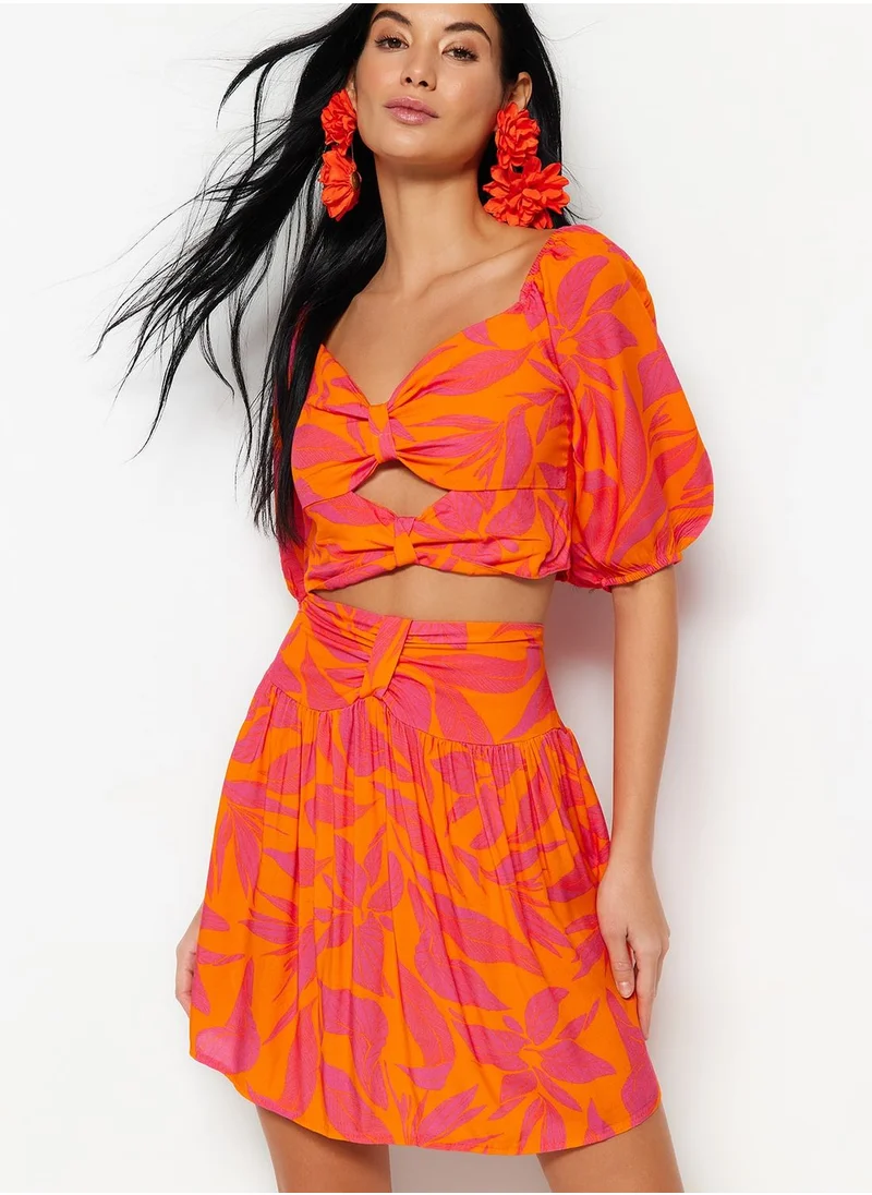 trendyol Cut Out Detail Printed Top & Skirt Set