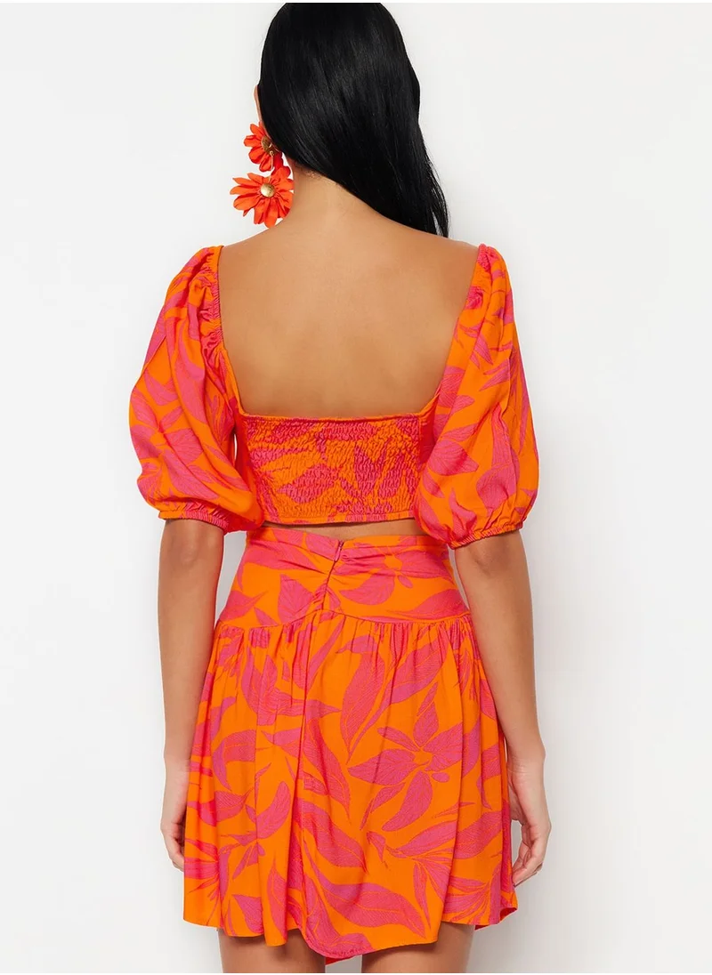 trendyol Cut Out Detail Printed Top & Skirt Set