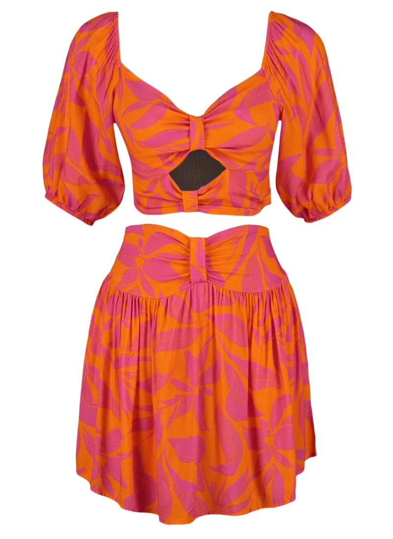trendyol Cut Out Detail Printed Top & Skirt Set