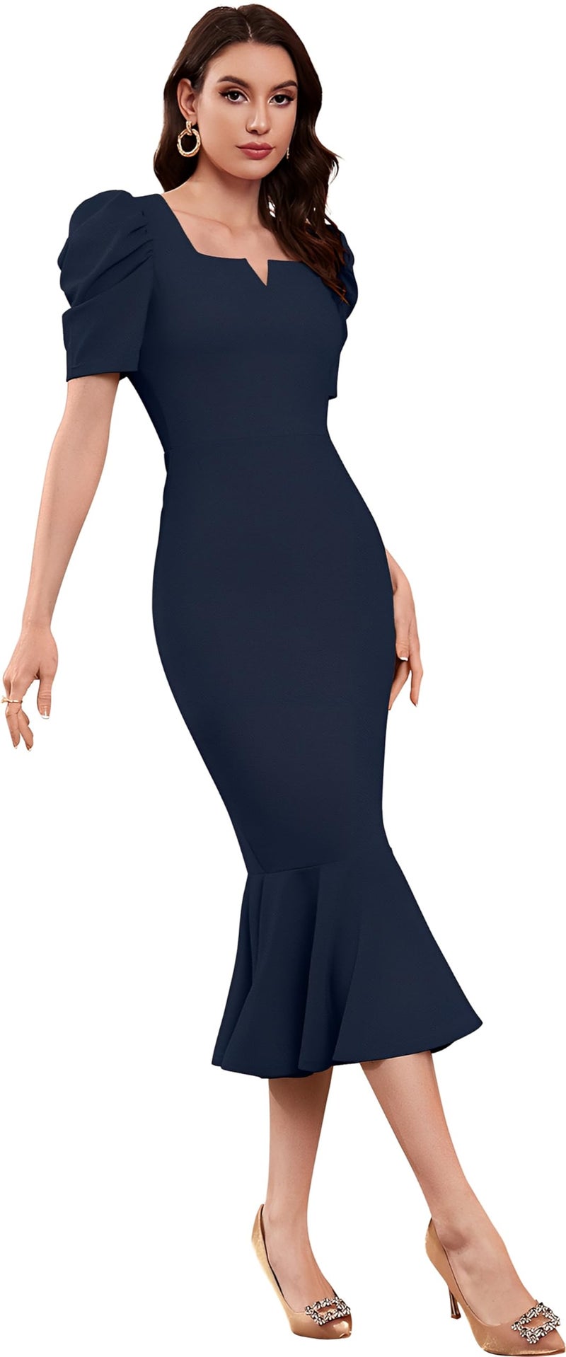 SATPURUSH Women's Lycra Blend Sweet-Heart Neck Puff Sleeve Fit and Flared Calf Length Casual Bodycon Dress for Party, Office, Meetings Etc. (Blue, XL) - Image 3