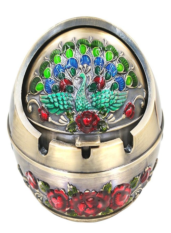 Hourwof Smokeless Ashtray with Lid,Peacock Windproof Ashtrays for Outdoor Patio Balcony,Metal Cigarettes Ash Tray for Home Office Tabletop Decor,Birthday Housewarming Gift,Bronze - Image 1