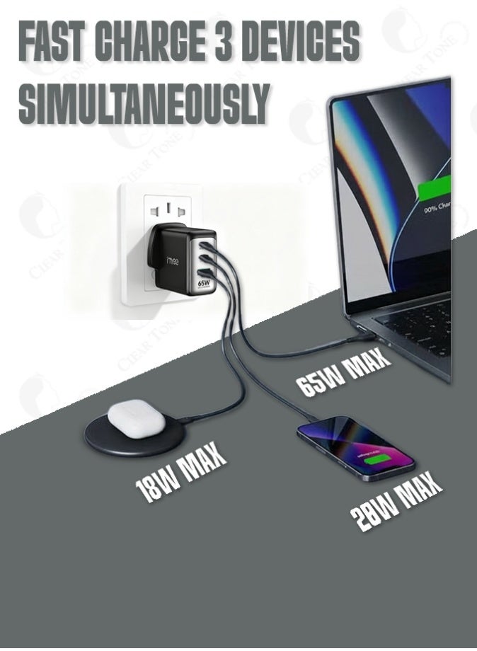 آیمی أفضل شاحن GaN ۶۵ وات بثلاثة أطراف – محول شحن سريع بثلاثة منافذ لأجهزة الكمبيوتر المحمول والهاتف والكمبيوتر اللوحي | حماية أمان IC ذكية - Image 5