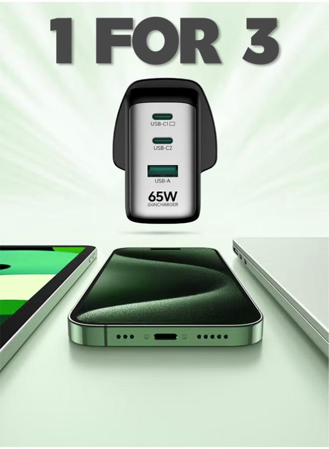 آیمی أفضل شاحن GaN ۶۵ وات بثلاثة أطراف – محول شحن سريع بثلاثة منافذ لأجهزة الكمبيوتر المحمول والهاتف والكمبيوتر اللوحي | حماية أمان IC ذكية - Image 2