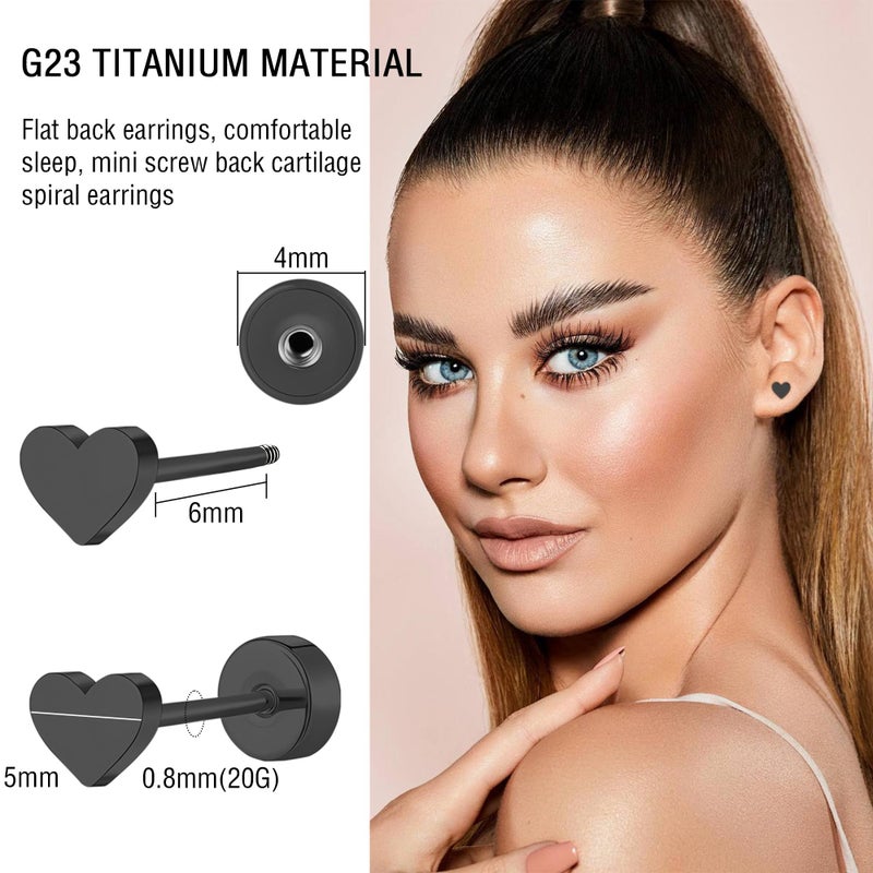 ZDE Women Earrings Flat Back Heart Earrings Titanium Hypoallergenic Non-Nickel Cartilage Earrings Studs for Sensitive Ears Simple Classic 5mm Black Screw On Stud Earrings - Image 2
