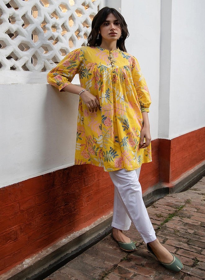 Janasya Women's Sea Blue Georgette Floral Gathered Tunic(JAA24TU00110-M) - Image 3