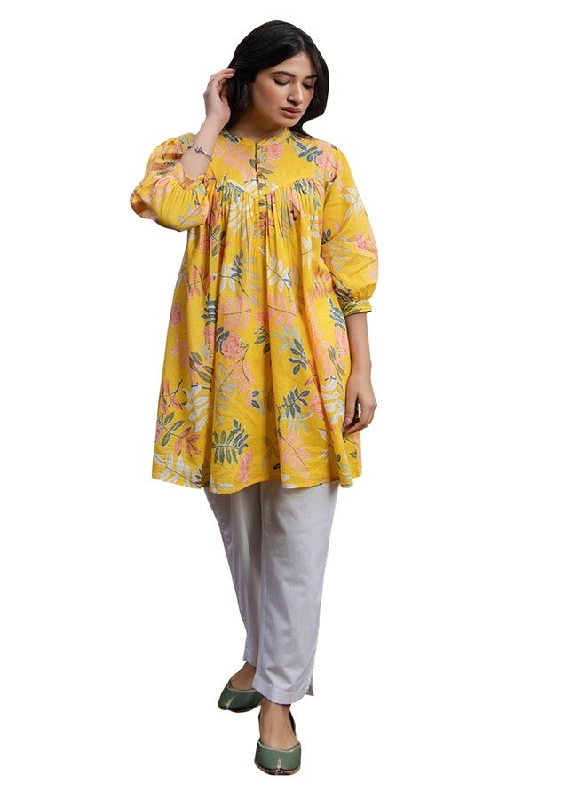 Janasya Women's Sea Blue Georgette Floral Gathered Tunic(JAA24TU00110-M) - Image 1