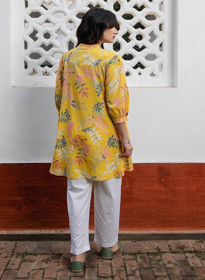 Janasya Women's Sea Blue Georgette Floral Gathered Tunic(JAA24TU00110-M) - Image 4