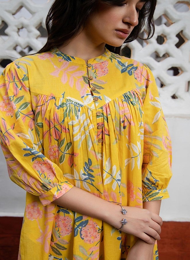 Janasya Women's Sea Blue Georgette Floral Gathered Tunic(JAA24TU00110-M) - Image 2