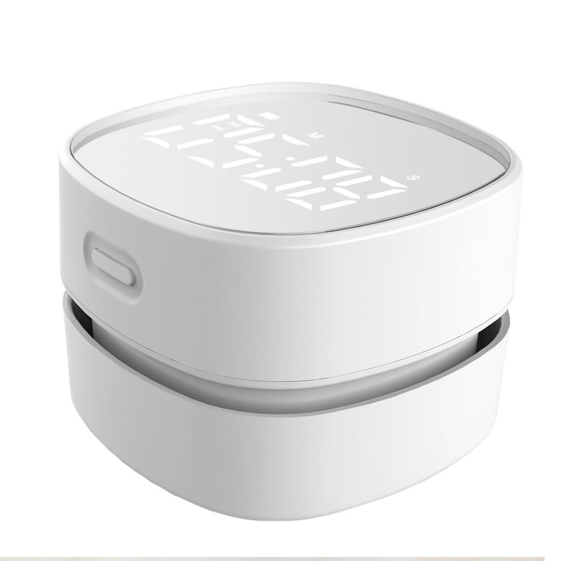 ODISTAR مكنسة كهربائية ODISTAR المحمولة لتنظيف الطاولة مع مؤقت رقمي طاقة تدوم حتى 400 دقيقة دوران 360 لتنظيف بقايا المطاط وفتات الطعام ولوحة المفاتيح هدايا للأطفال باللون الأبيض